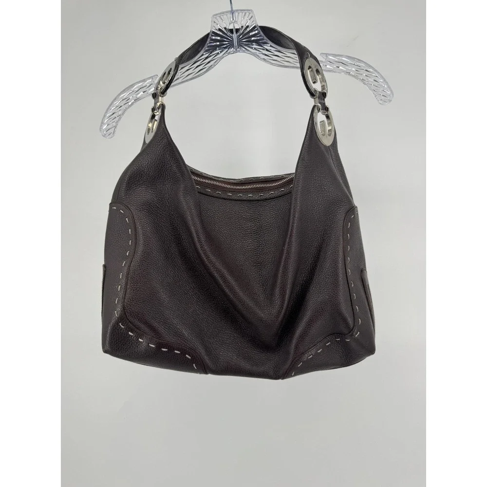 Vintage Escada Hobo Bag Purse L Brown Pebbled Leather Whipstitch Silver Italy